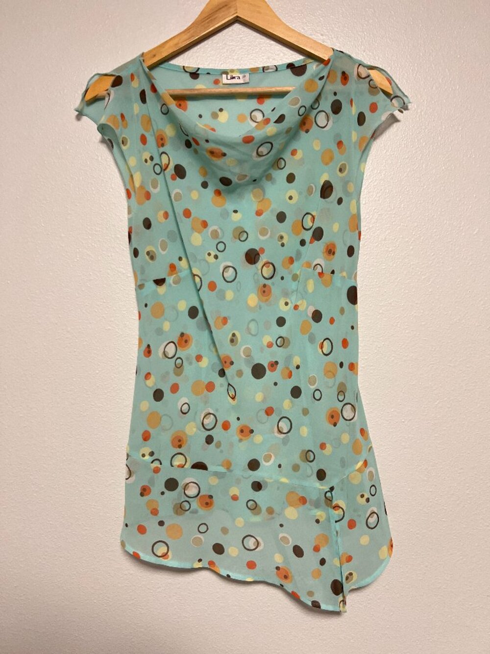 Libra Y2K Mint Green Abstract Dot Print Cowl Neck Flutter Sleeve Blouse UK 12